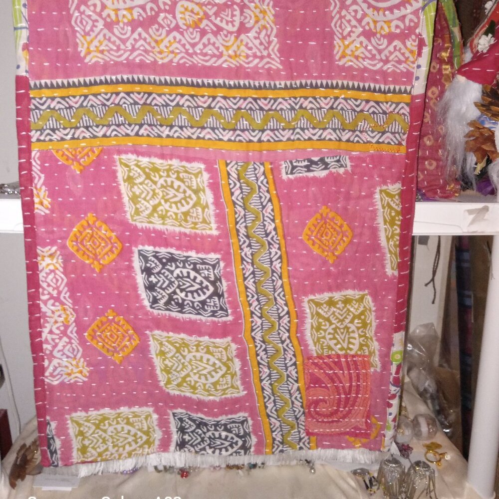 Kantha Scarf Or Table Runner Fringe 18" x 54" Trees Flowers Cotton Handmade KS1 - Picture 4 of 5